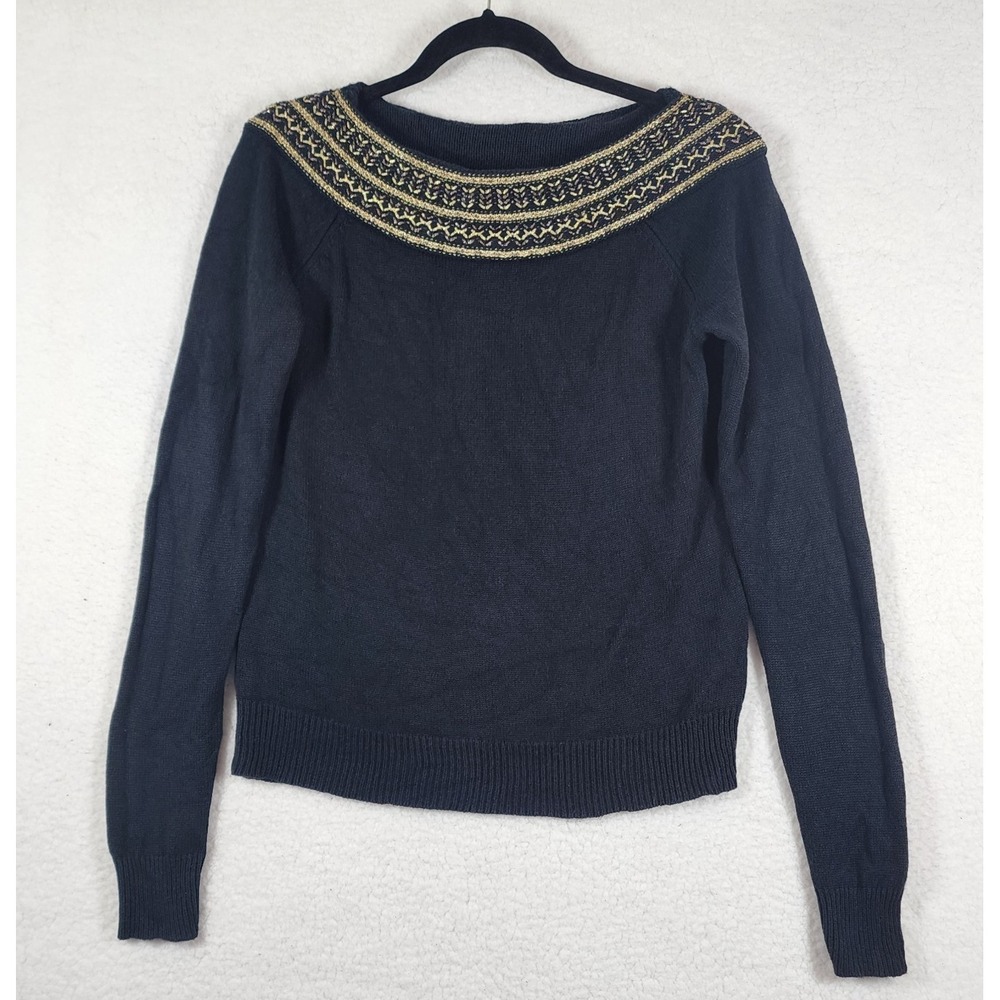 Lauren Ralph Lauren Sweater Sz L Black Silk Cashmere Blend Metallic Gold Trim
